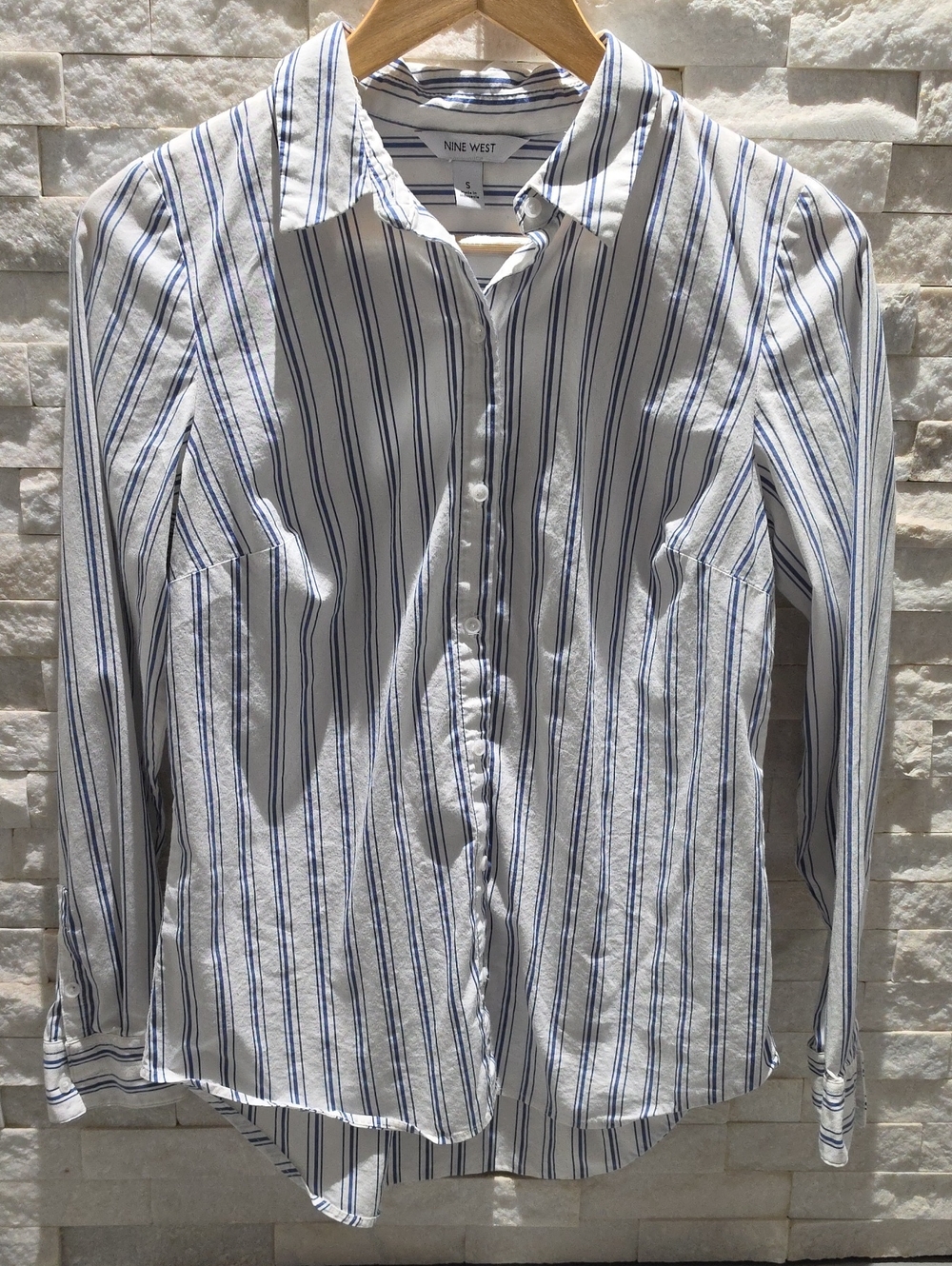 Nine West White with Blue Vertical Stripe Button-Down Shirt